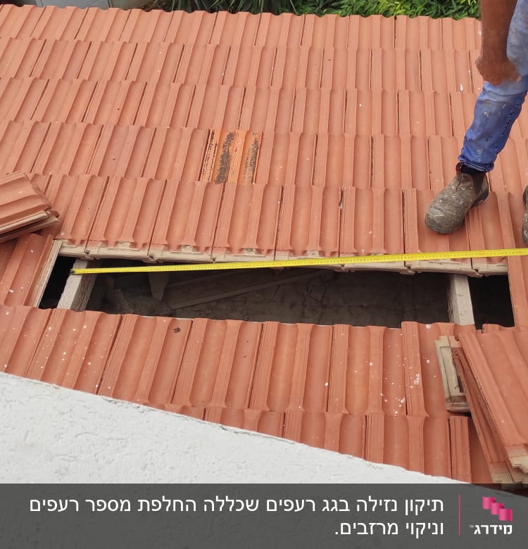 גג רעפים עם פתח, אדם מודד עם סרט מדידה